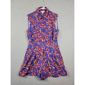 ATHLETA Blue Floral Sleeveless Zip Up Romper Women's 8 Stretch Pockets